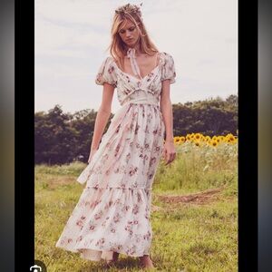 LoveShackFancy Angie Linen Ivory Maxi Dress with Pink Floral Print 0